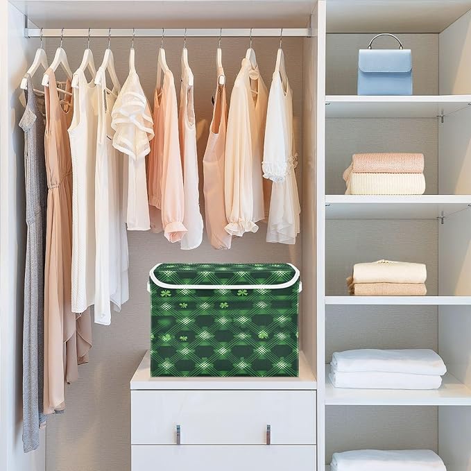 Clover Plaid Fabric Storage Bins with Lids and HandleFoldable Storage Bins with LidsCloset Organizers for Clothes Storage Room Organization Office Storage Chest Organizer