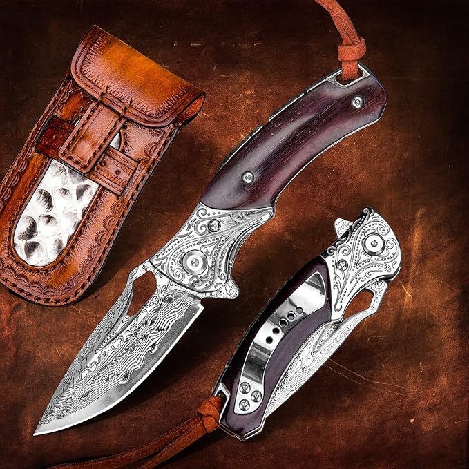 Handmade Damascus Steel Flipper Folding Knife with Pocket Clip Liner Lock Tactical Knife for Camping Hunting Fishing and EDC