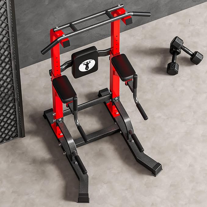 soges Pull Up Bar Dip Station Power Tower with A Backrest Adjustable Height Pull Up Bar Stand Multi-Function Home Gym Strength TrainingRed