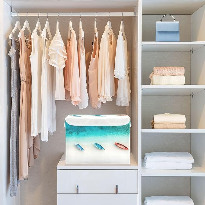 AIXIWAWA Lidded Storage Cube (Beautiful Beach) Fabric Foldable Closet Bins with Flip Lid and Handles Organizer Basket Container 16.5 x 12.6 x 11.8 IN