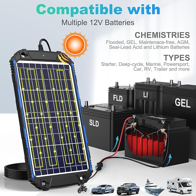 SUNER POWER Waterproof 10W 12V Solar Battery Charger &amp Maintainer Pro Built-in UltraSmart MPPT Charge Controller 10 Watt Solar Panel Trickle Charging Kits for Car Automotive Boat Marine RV Trail