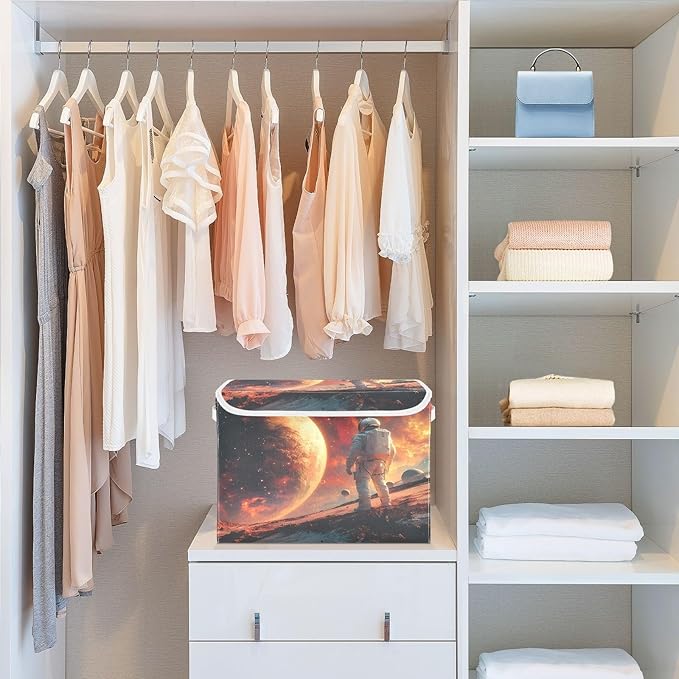 MNSRUU Containers Baskets with Lids Space Astronaut Fabric Foldable Storage Bins Organizer with Lid Collapsible Storage Boxes for Home Bedroom Closet Office