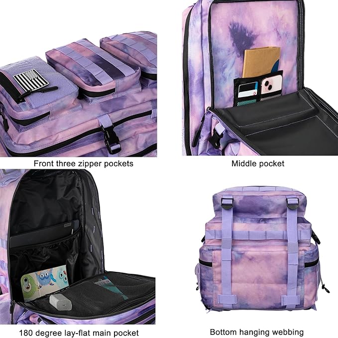 55L Military Tactical Backpack - Bug Out Bag with MOLLE System for Hiking(Cloud Purple Tie Dyeing)