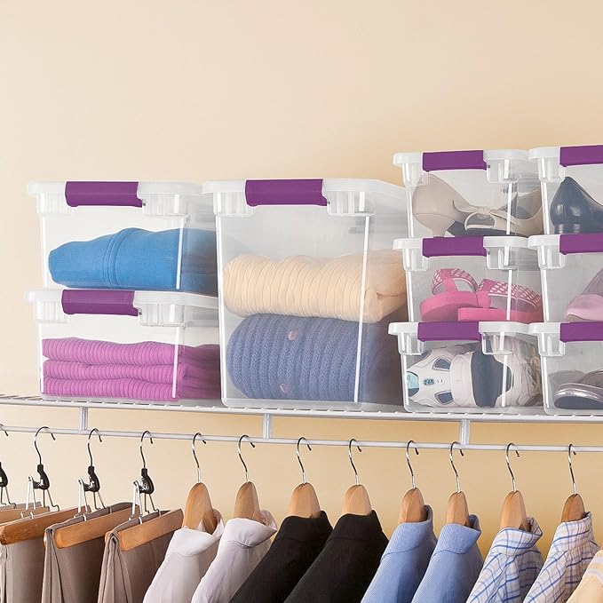 Sterilite 27 Quart ClearView Latch Box Stackable Storage Bin with Latching Lid Organize Clothes Shoes in Closet Clear Base and Lid 18-Pack