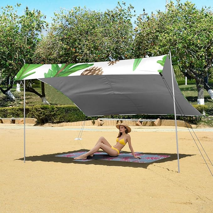 xigua Pine Tree Beach Tent Sun Shelter with Carrying Bag - Silver Coated Oxford Fabric Beach Canopy for Beach Camping Fishing - Includes Windproof Ropes Sandbags &amp Stakes