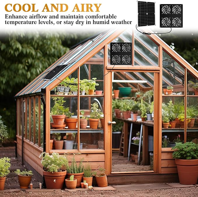 Rossesay 2 Set Solar Panel Fan Kit with 4 Fans 12w USB Weatherproof Solar Exhaust Fan Outdoor Solar Greenhouse Fan Portable Chicken Coop Fan Metal Shell for Sheds Attic Pet Houses Window Exhaust