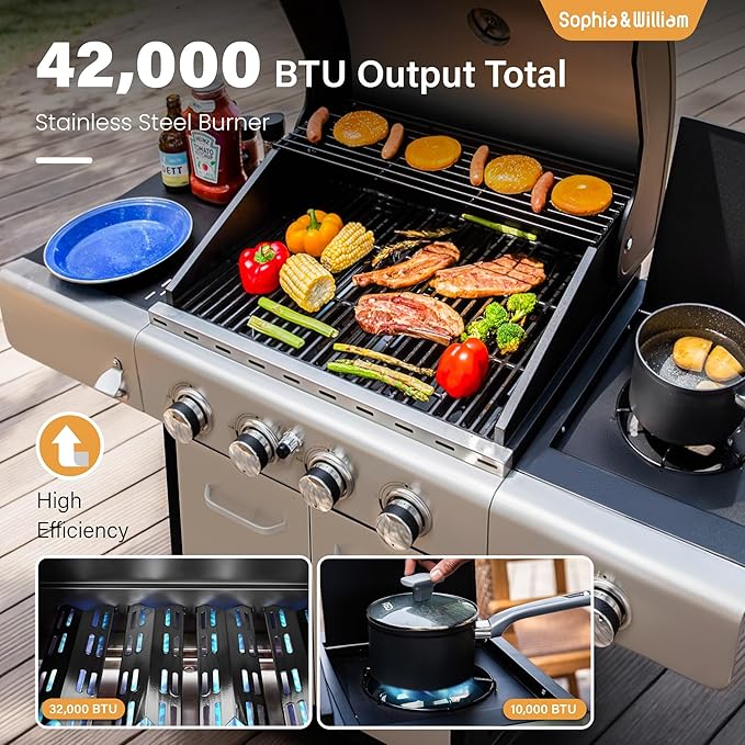 Sophia &amp William 4-Burner Propane Gas BBQ Grill with Side Burner and Porcelain-Enameled Cast Iron Grates Stainless Steel Barbecue Grills Outdoor Cooking Silver Cabinet Style 42000BTU