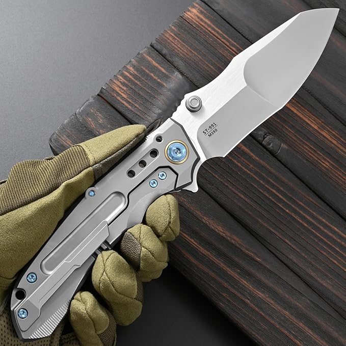 Sitivien ST991 Folding Knife M390 Pearlescent Polishing Steel Blade Titanium Handle with Ball Bearing for Men Women Outdoor Camping Hiking Survival (Silver)