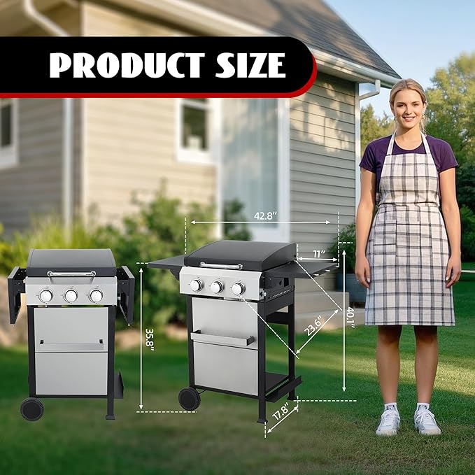3-Burner Flat Top Propane Gas Grill Stainless Steel Griddle Combo with Foldable Side Table 36900 BTU Outdoor BBQ Grill Porcelain-Enameled Cast Iron Grids for Backyard Patio Cooking