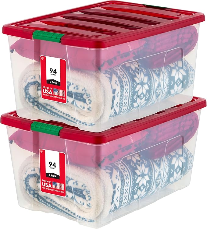 IRIS USA 94 Qt. Stackable Plastic Storage Bins with Lids 2 Pack - BPA-Free See-Through Organizing Solution Latches Durable Nestable Containers Secure Pull Handle Made in USA - Red