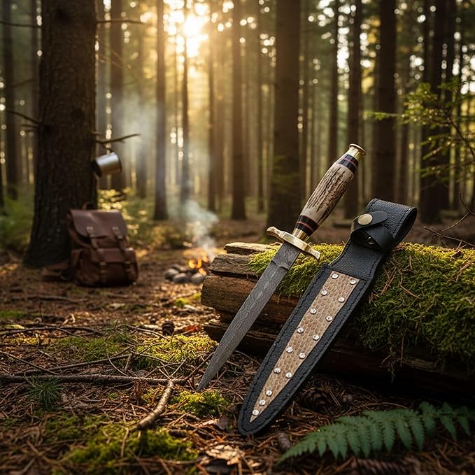 SANZ Damascus Athame Hunting Knife 12.5 Inch - Camping Knife with Stag Handle Full Tang Blade &amp Sheath - Pocket Knife for Hunting Camping &amp Outdoor uses