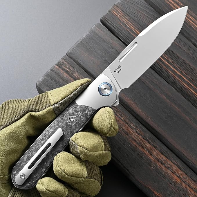 Sitivien ST995 Folding KnifeHandmade M390 Pearlescent Polishing Blade Titanium &amp Carbon Fiber Handle EDC Tool Knife for Outdoor Camping Hiking Survival(Gray)