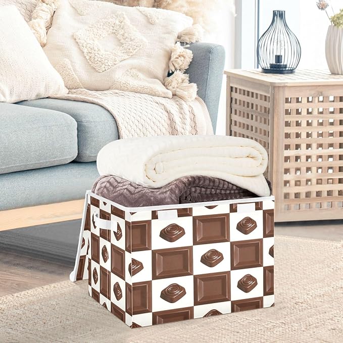 Storage Bins With Lid Stackable Fabric Closet Organizer Clothing Storage Large Boxes For Closet Shelves Bedroom Chocolate Brown Square
