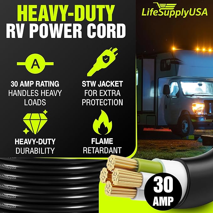 50ft RV Extension Cord 30 AMP (TT-30P/L5-30R) with Twist-Lock Connector and Grip Handle Hook and Loop Strap - STW 10/3 AWG 125 Volt - Heavy Duty - by LifeSupplyUSA