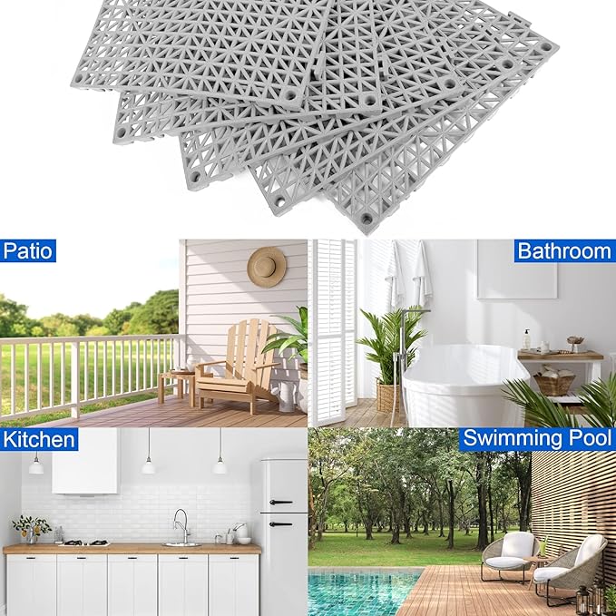 MYFAMIREA Modular Interlocking Cushion 48 Pack 11.8 x 11.8 Rubber Floor Tiles Non-Slip Splicing Drainage Mats for Deck Gray
