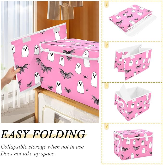 Cute Halloween Bats Storage Cube Bins Basket with Lid Collapsible Flip-top Fabric with Handle for Home Bedroom Closet Office 16.5×12.6×11.8 in
