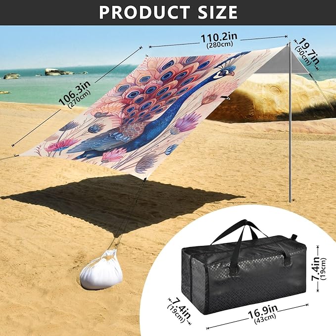 ALAZA Peacock and Pink Flower Beach Tent Sun Shelter Portable Canopy Sunshade for Outdoor Camping Picnics Backyard Fun 10x9 ft