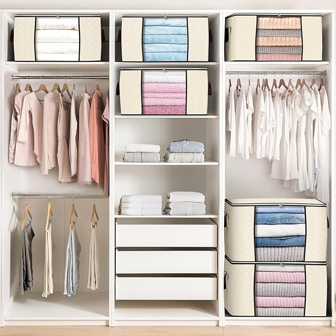 90 L Large Storage Bags 6 Pack Clothes Storage Bins Foldable Closet Organizers Storage Containers with Reinforced Handle for Clothing Blanket Comforters Bed Sheets Pillows and Toys (Beige)