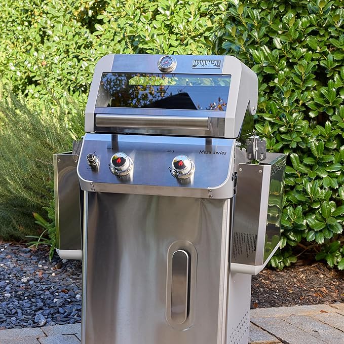 Monument Grills 2-Burner Stainless Steel Liquid Propane Gas Grill Two Foldable Shelves Patio Garden Barbecue Grill with Clearview® Lid Knob Control Mesa200S