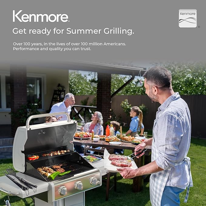 Kenmore 3-Burner Outdoor BBQ Grill | Liquid Propane Barbecue Gas Grill with Folding Sides PG-A4030400LD-PE Pedestal Grill with Wheels 30000 BTU Pearl White