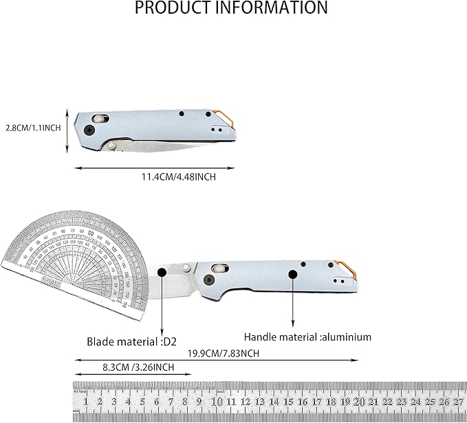 7.9-inch Pocket Folding Knife D2 Steel Blade with Thumb Stud Manual Open Mechanism Aluminium Alloy Handle with Pocket Clip Outdoor Camping and Fishing Knife EDC Adventure Tool