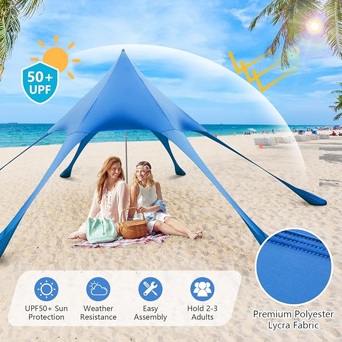 Tangkula Beach Canopy Tent UPF50+ Beach Sun Shade with Sand Shovel 6 Ground Pegs 6 Sandbags Supporting Pole Carry Bag Pop Up Beach Sun Shelter for Camping Fishing Trip