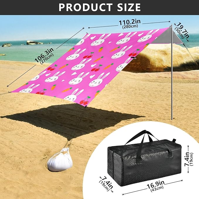 Beach Canopy with Windproof Ropes &amp Sandbags Beach Tent Sun Shade Sun Shelter for Camping Trips Fishing Backyard Fun or Picnics Bunny