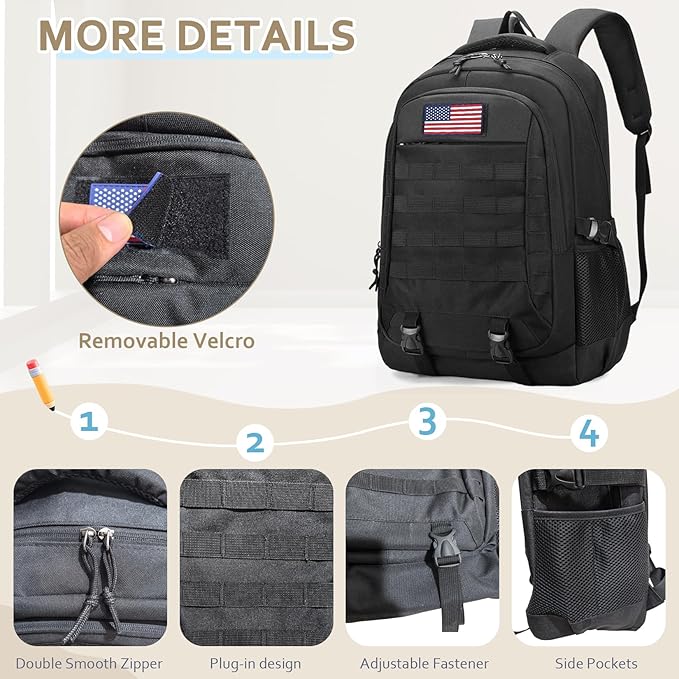 Tactical Backpack - 19'' Waterproof School Bag for Kids 15.6 Laptop Compartment &amp MOLLE Webbing for Camping Hiking Travel
