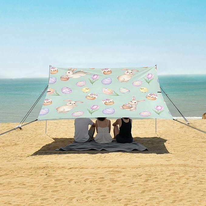 Easter Bunny Beach Canopy Sun Shelter with Sandbags &amp Sand Shovel &amp Windproof Ropes - Portable 110x126 Beach Shade Beach Tent for Camping Picnics