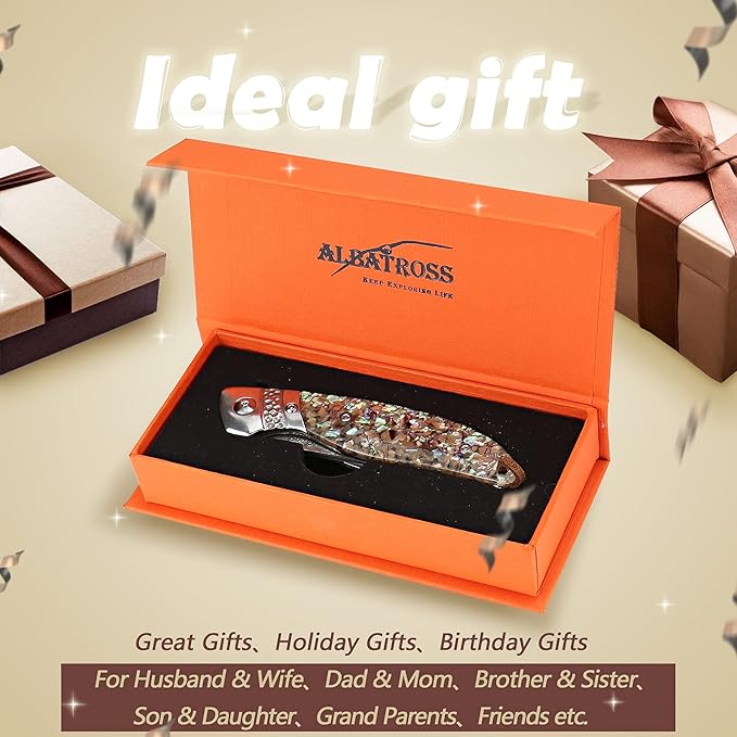 ALBATROSS Premium Damascus Pocket Knife - EDC Folding Knife with Abalone Shell Handle Ball Bearing Opening Liner Lock System - Everyday Carry for Outdoor Hunting Collection - HGDK028-AS