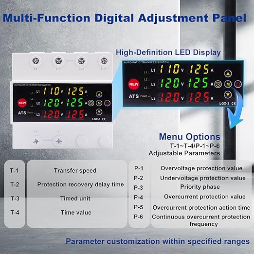 Automatic Generator Transfer Switch 125A 120V 3 Pole Transfer Switch for Generator Backup Power &amp RVs LED Display Priority Phase Selectable Over/Under Voltage Protection DIN Rail Mount