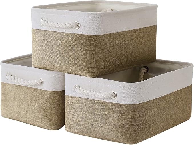 TheWarmHome Storage Basket for Organizing - 14x10x7 inch Medium 3 Pack Collapsible Storage Bin for Shelves with Handles Canves Storage Box for Organizer Cubes Cloth Gift Toy Closet (White &amp Khaki