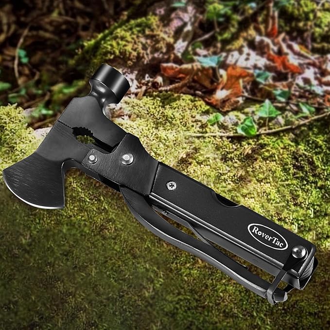 RoverTac 14-in-1 Multitool Camping Axe – Multi Tool with Knife Hammer Saw Screwdrivers Bottle Opener – Camping Tool with Sheath – Tool Gifts for Men Dad Husband and Outdoor Enthusiasts.