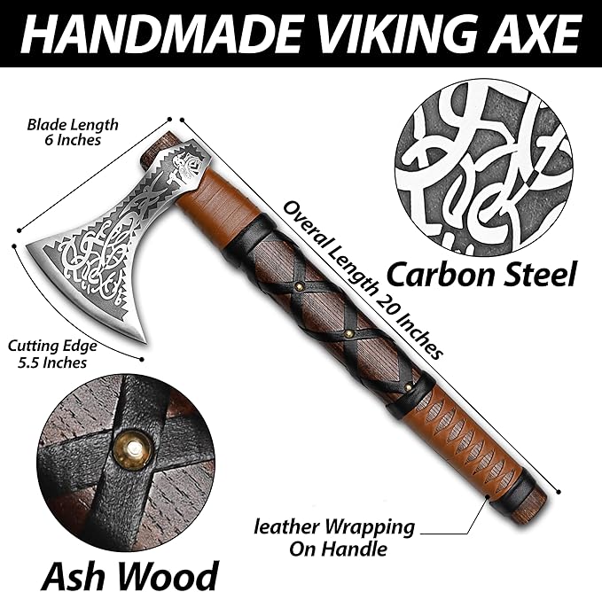 SHINY CRAFTS® Handcrafted Viking Axe – Engraved Nordic Blade with Wooden Handle Unique Gift for Men Collectors Cosplay and Medieval Decor (Brown-VBA-04-A)
