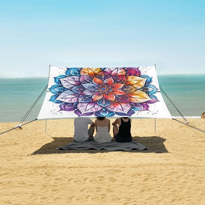 ALAZA Tie Dye Mandala Beach Tent Sun Shelter UPF50+ Protection Beach Shade Canopy w/ 4 Sandbags for Outdoor Camping Fishing Backyard Fun Picnic 10x9 ft