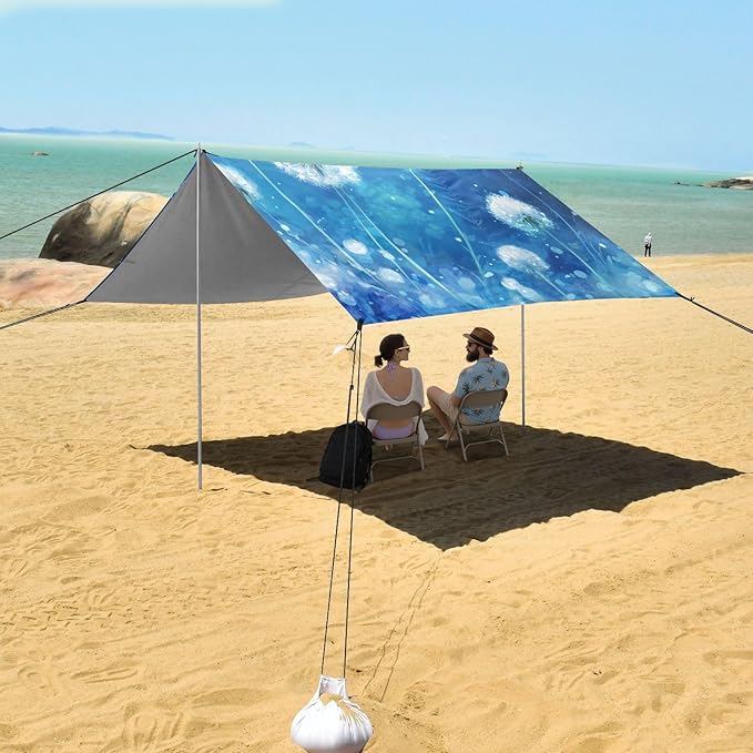 White Dandelions Foldable Beach Canopy UPF50+ Lightweight Large Sun Shelter with Sandbags &amp Sand Shovel for Camping Picnics Backyard &amp Fishing
