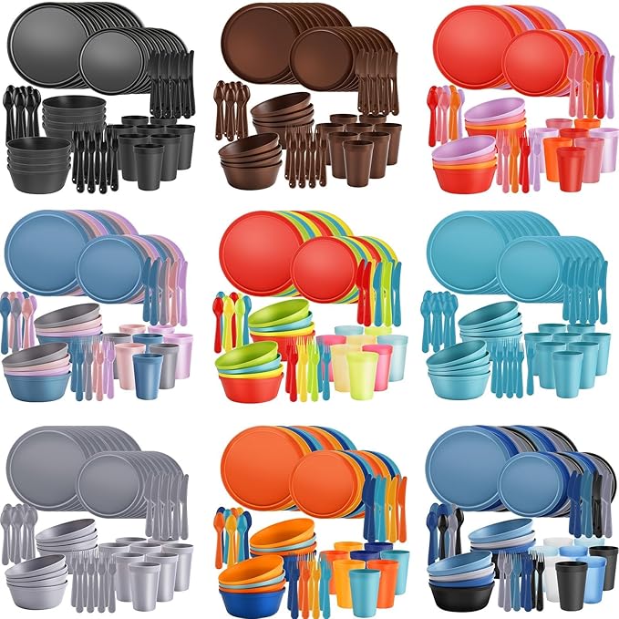 40 Piece Plastic Dinnerware Set for 8 with Cutlery Unbreakable Plates and Bowls Set Dishwasher &amp Microwave Safe Reusable Dish Set for Camping RV Outdoor Kitchen Apartment DiningRainbow Multi