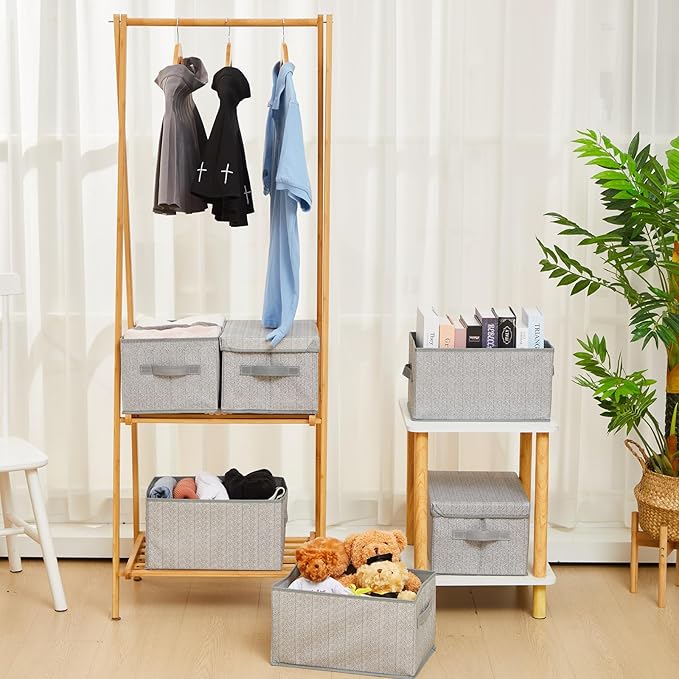 LemonRoad 6 Pack 14'' x 10'' x 8'' Collapsible Storage Cubes Bins with Removable Lids Fabric Closet Organizers with Handles Foldable Memory Boxes for Shelves Nursery Bedroom Home Closet Gray