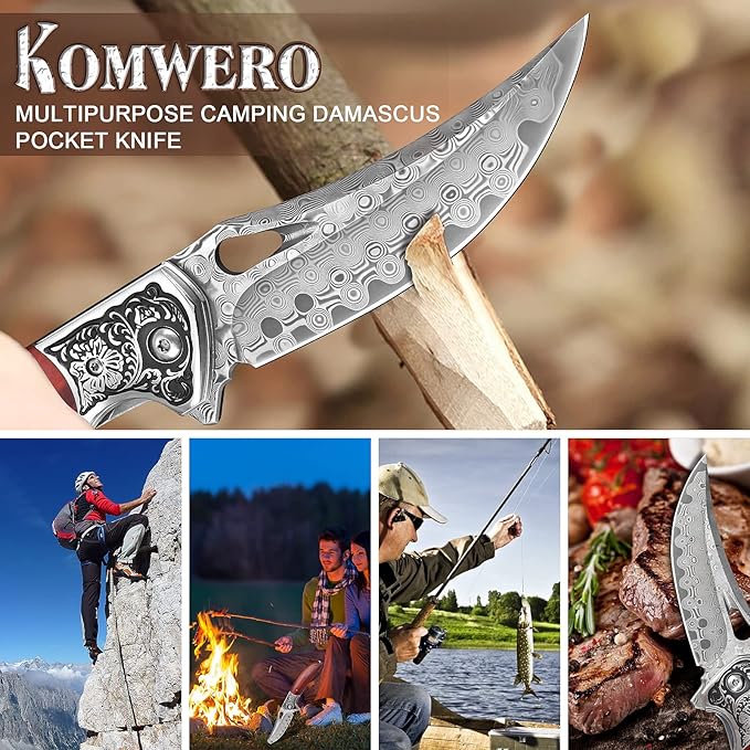 KOMWERO Damascus Pocket Knife for Men Women Sharp VG10 Core Damascus Steel Knife for Outdoor Camping Survival Hunting - Wood Handle Ball Bearing Leather Sheath Liner Lock