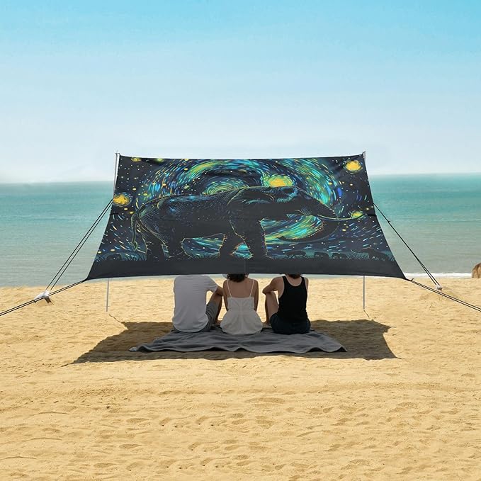ALAZA Elephant Starry Sky Beach Tent Sun Shelter UPF50+ Protection Beach Shade Canopy w/ 4 Sandbags for Outdoor Camping Fishing Backyard Fun Picnic 10x9 ft