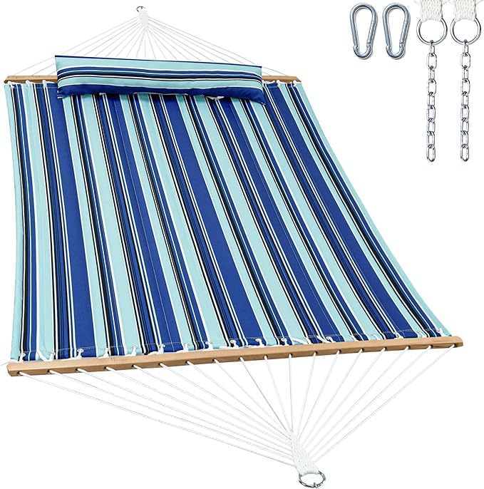 GAFETE Hammock 2 Person Quilted Fabric Hammocks for Outside Double 12ft Hammocks with Spreader Bar Large Removable Pillow Storage Bag Carabiners Max 475 lbs Capacity (Catalina Beach)