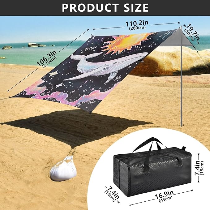 ALAZA Sun Satrs Whale Beach Tent Sun Shelter UPF50+ Protection Beach Shade Canopy w/ 4 Sandbags for Outdoor Camping Fishing Backyard Fun Picnic 10x9 ft