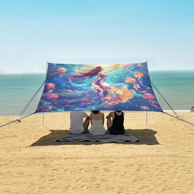 ALAZA Mermaid Jellyfish Beach Tent Sun Shelter UPF50+ Protection Beach Shade Canopy w/ 4 Sandbags for Outdoor Camping Fishing Backyard Fun Picnic 10x9 ft