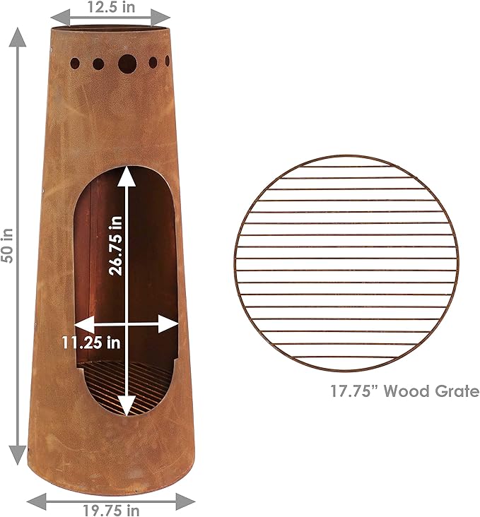 Sunnydaze Santa Fe 50-Inch Chiminea Outdoor Fire Pit - Wood-Burning Chiminea Outdoor Fireplace with Wood Grate - Rustic Patina Finish