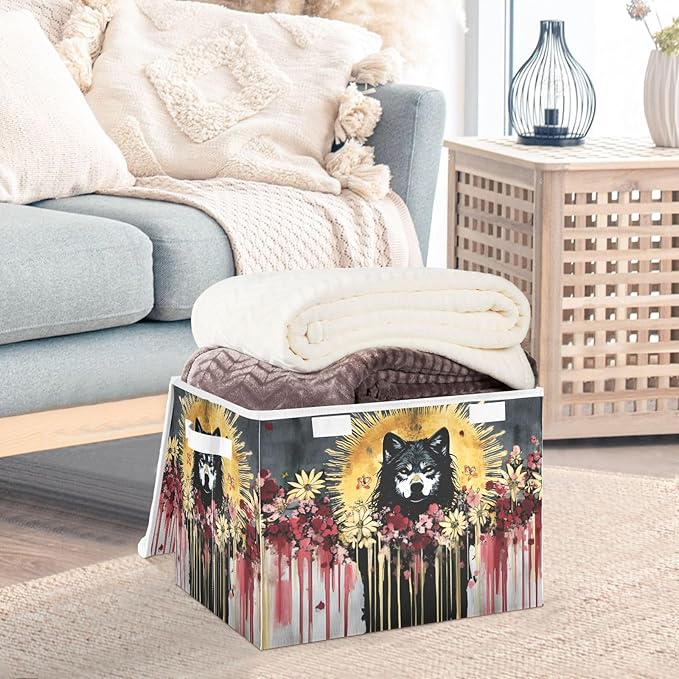 Storage Cube with Lid Tribal Style Wolf Print 16.5×12.6×11.8 IN Collapsible Large Capacity Foldable Storage Basket Bin Organizer