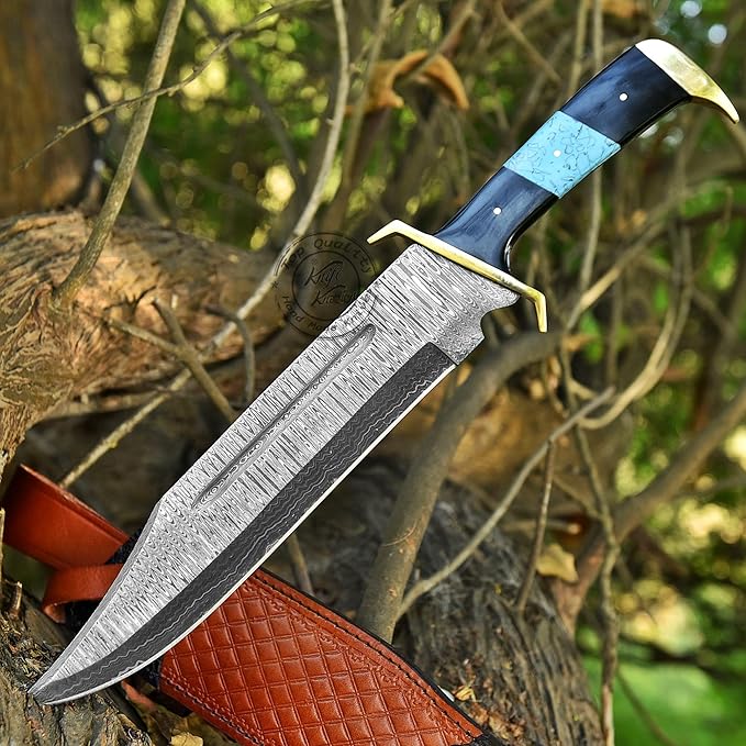 Damascus Steel Western Outlaw Bowie Hunting Knife Fixed Blade Survival &amp Hunting Knife Camping Bushcraft EDC - Gift for Men Premium Leather Sheath KKH-69