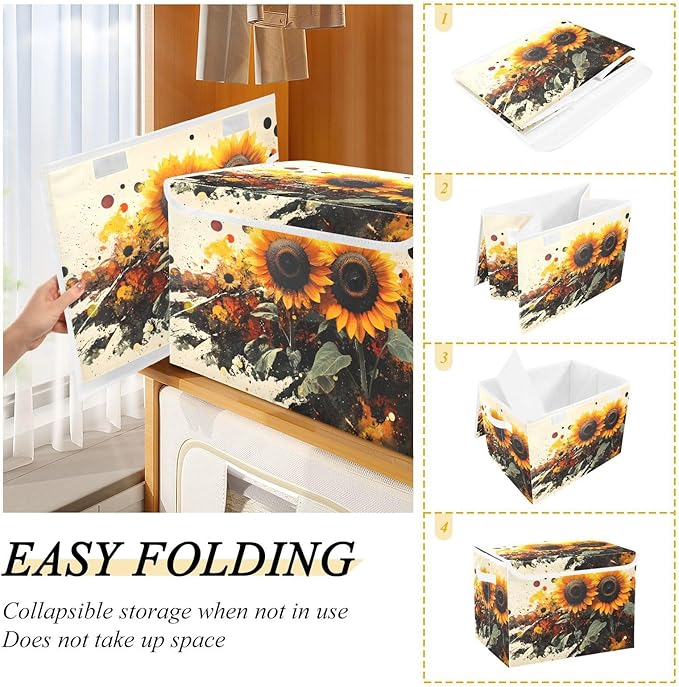 AIXIWAWA Lidded Storage Cube (Painting Of Sunflowers) Fabric Foldable Closet Bins with Flip Lid and Handles Organizer Basket Container 16.5 x 12.6 x 11.8 IN