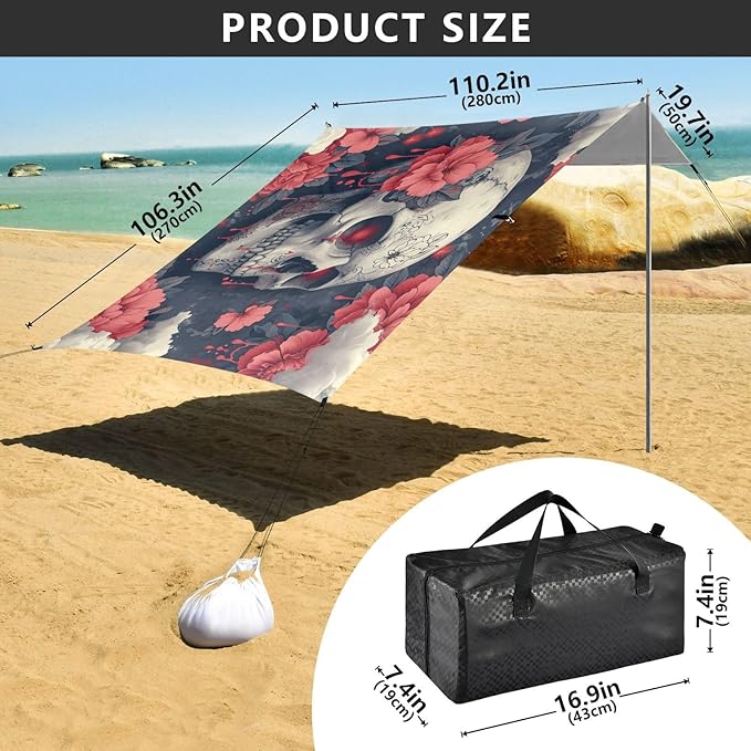 ALAZA Skull Flower Beach Tent Sun Shelter UPF50+ Protection Beach Shade Canopy w/ 4 Sandbags for Outdoor Camping Fishing Backyard Fun Picnic 10x9 ft