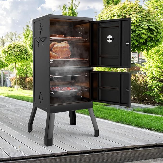 Charcoal Smoker Outdoor Vertical BBQ Smoker with Thermostat 2 Access Doors 2 Cooking Grates 2 Removable Pans &amp 4 Air Vents Meat Smokers Grill for Parties Barbecues and Backyard