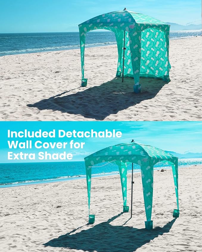 Qipi Updated Beach Cabana - Easy to Set Up Canopy Waterproof Portable 6' x Shelter Included Side Wall Shade with UPF 50+ UV Protection for Kids Family Green Pineapple Jungle